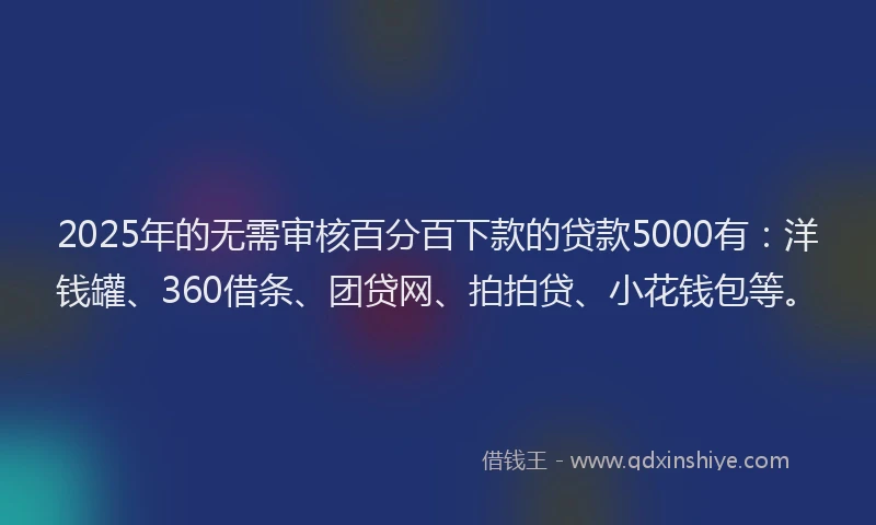 2025年的无需审核百分百下款的贷款5000有：洋钱罐、360借条、团贷网、拍拍贷、小花钱包等。