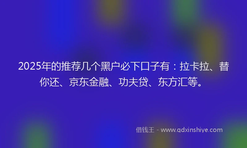 2025年的推荐几个黑户必下口子有：拉卡拉、替你还、京东金融、功夫贷、东方汇等。