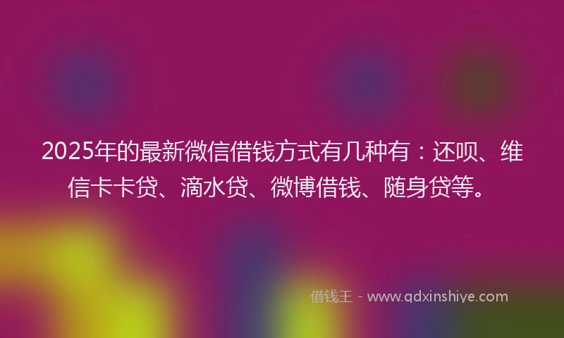 2025年的最新微信借钱方式有几种有：还呗、维信卡卡贷、滴水贷、微博借钱、随身贷等。