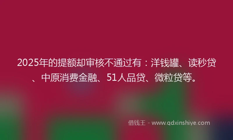 2025年的提额却审核不通过有：洋钱罐、读秒贷、中原消费金融、51人品贷、微粒贷等。