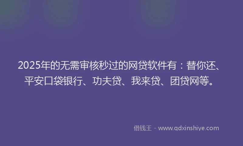 2025年的无需审核秒过的网贷软件有：替你还、平安口袋银行、功夫贷、我来贷、团贷网等。
