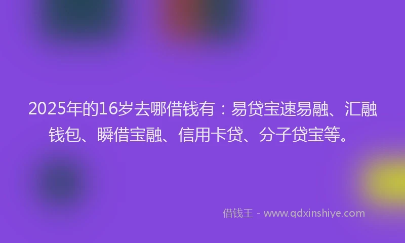 2025年的16岁去哪借钱有：易贷宝速易融、汇融钱包、瞬借宝融、信用卡贷、分子贷宝等。