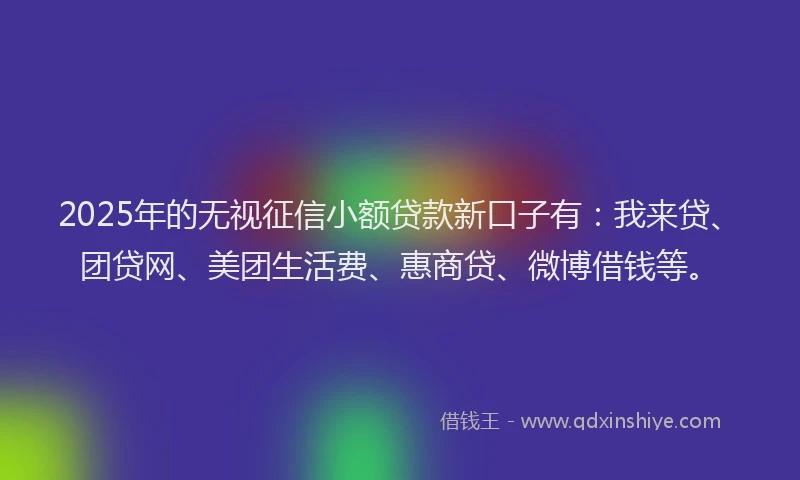 2025年的无视征信小额贷款新口子有：我来贷、团贷网、美团生活费、惠商贷、微博借钱等。