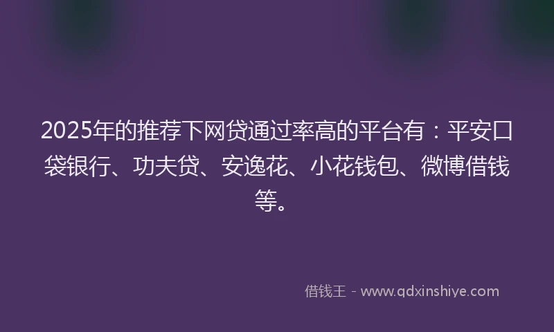 2025年的推荐下网贷通过率高的平台有：平安口袋银行、功夫贷、安逸花、小花钱包、微博借钱等。