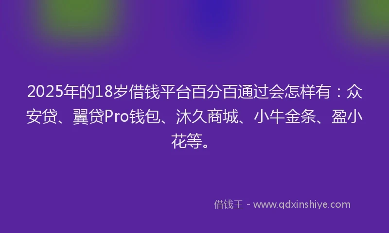 2025年的18岁借钱平台百分百通过会怎样有：众安贷、翼贷Pro钱包、沐久商城、小牛金条、盈小花等。