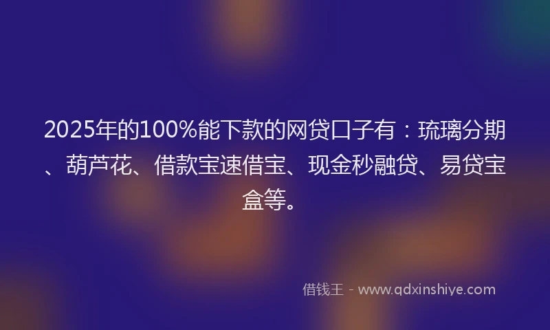 2025年的100%能下款的网贷口子有：琉璃分期、葫芦花、借款宝速借宝、现金秒融贷、易贷宝盒等。