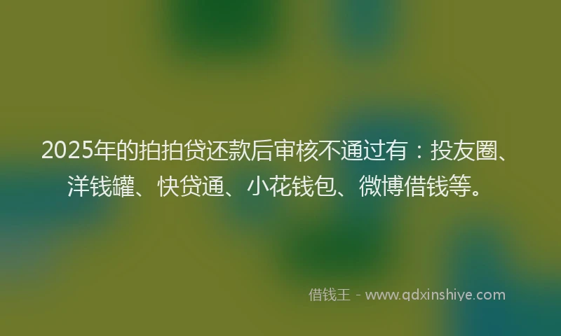 2025年的拍拍贷还款后审核不通过有：投友圈、洋钱罐、快贷通、小花钱包、微博借钱等。