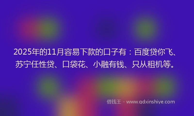 2025年的11月容易下款的口子有：百度贷你飞、苏宁任性贷、口袋花、小融有钱、只从租机等。