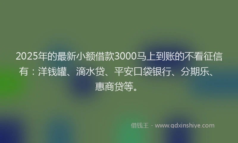 2025年的最新小额借款3000马上到账的不看征信有：洋钱罐、滴水贷、平安口袋银行、分期乐、惠商贷等。