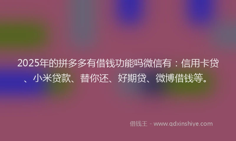 2025年的拼多多有借钱功能吗微信有：信用卡贷、小米贷款、替你还、好期贷、微博借钱等。
