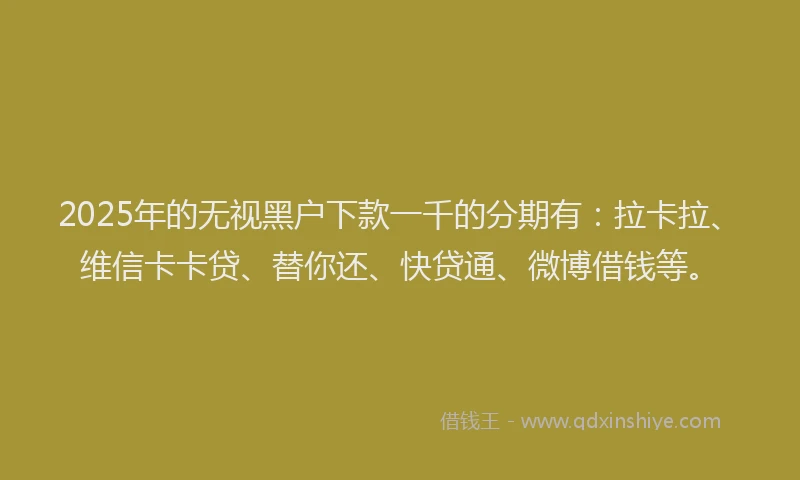 2025年的无视黑户下款一千的分期有：拉卡拉、维信卡卡贷、替你还、快贷通、微博借钱等。