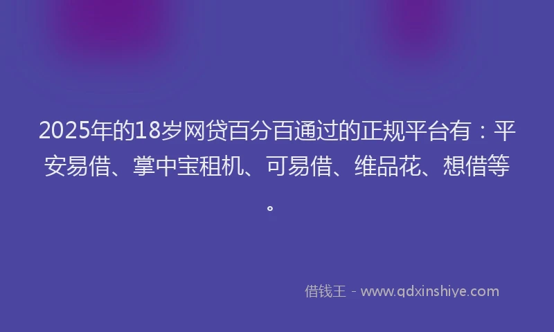 2025年的18岁网贷百分百通过的正规平台有：平安易借、掌中宝租机、可易借、维品花、想借等。