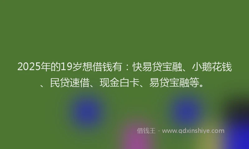2025年的19岁想借钱有：快易贷宝融、小鹅花钱、民贷速借、现金白卡、易贷宝融等。