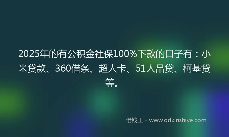 2025年的有公积金社保100%下款的口子有：小米贷款、360借条、超人卡、51人品贷、柯基贷等。
