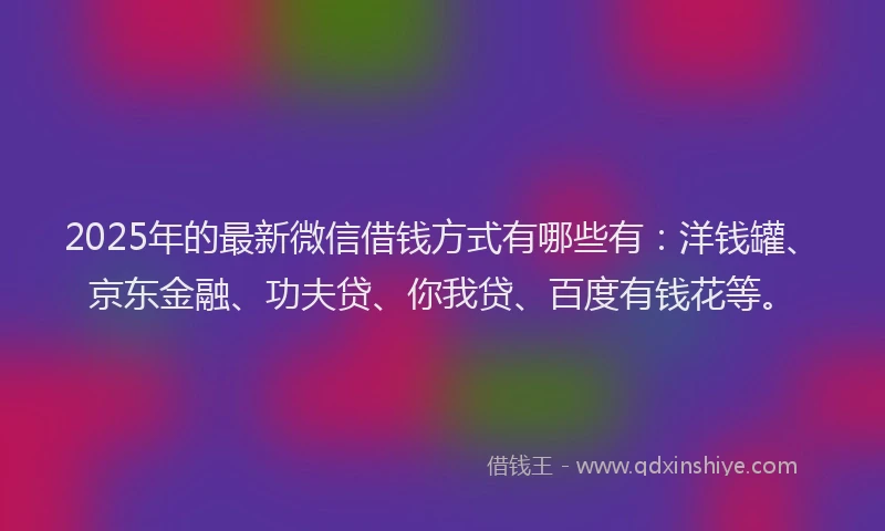 2025年的最新微信借钱方式有哪些有：洋钱罐、京东金融、功夫贷、你我贷、百度有钱花等。