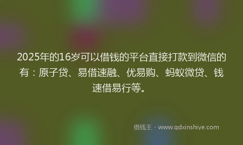 2025年的16岁可以借钱的平台直接打款到微信的有：原子贷、易借速融、优易购、蚂蚁微贷、钱速借易行等。