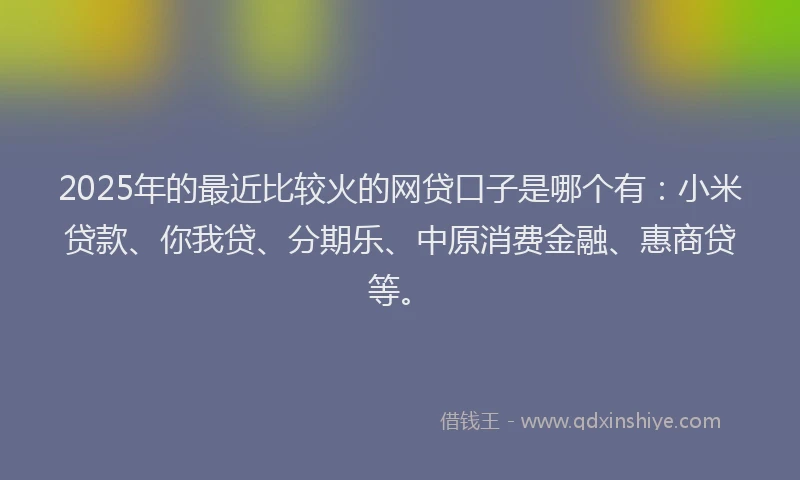 2025年的最近比较火的网贷口子是哪个有：小米贷款、你我贷、分期乐、中原消费金融、惠商贷等。