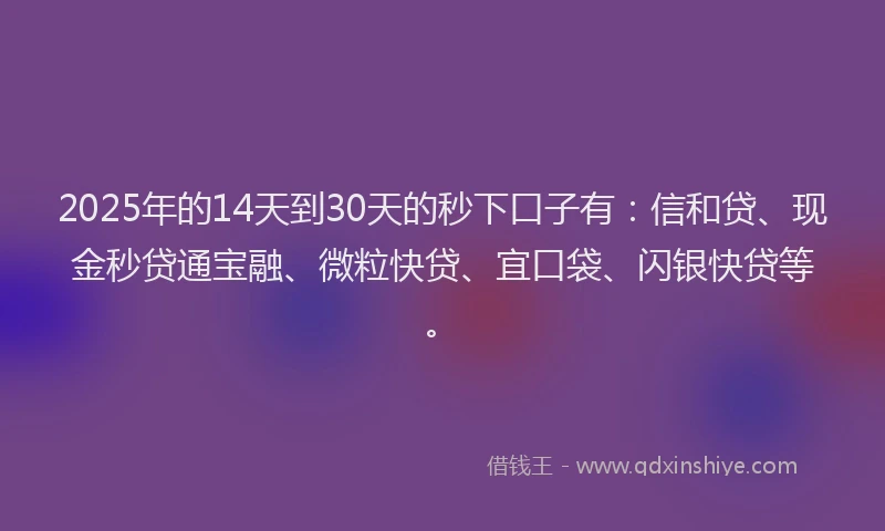 2025年的14天到30天的秒下口子有：信和贷、现金秒贷通宝融、微粒快贷、宜口袋、闪银快贷等。