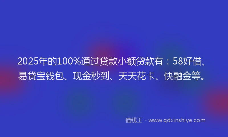 2025年的100%通过贷款小额贷款有：58好借、易贷宝钱包、现金秒到、天天花卡、快融金等。