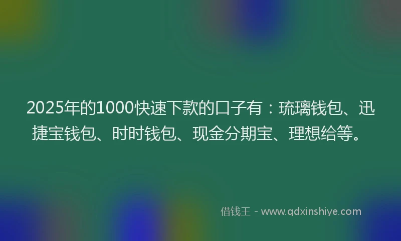 2025年的1000快速下款的口子有：琉璃钱包、迅捷宝钱包、时时钱包、现金分期宝、理想给等。