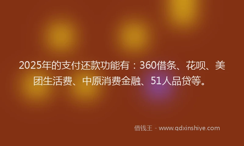 2025年的支付还款功能有：360借条、花呗、美团生活费、中原消费金融、51人品贷等。