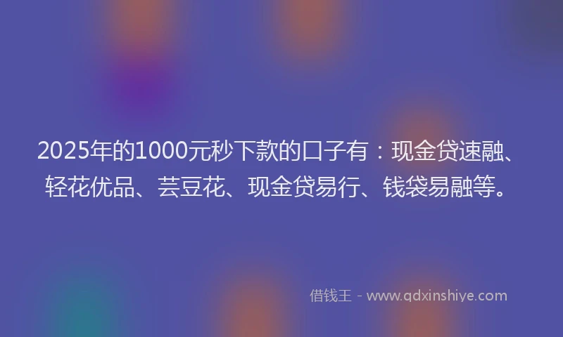 2025年的1000元秒下款的口子有：现金贷速融、轻花优品、芸豆花、现金贷易行、钱袋易融等。