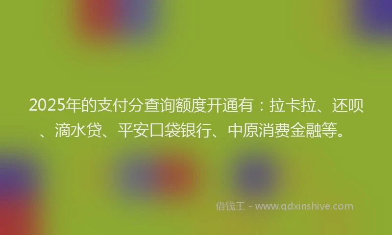 2025年的支付分查询额度开通有：拉卡拉、还呗、滴水贷、平安口袋银行、中原消费金融等。