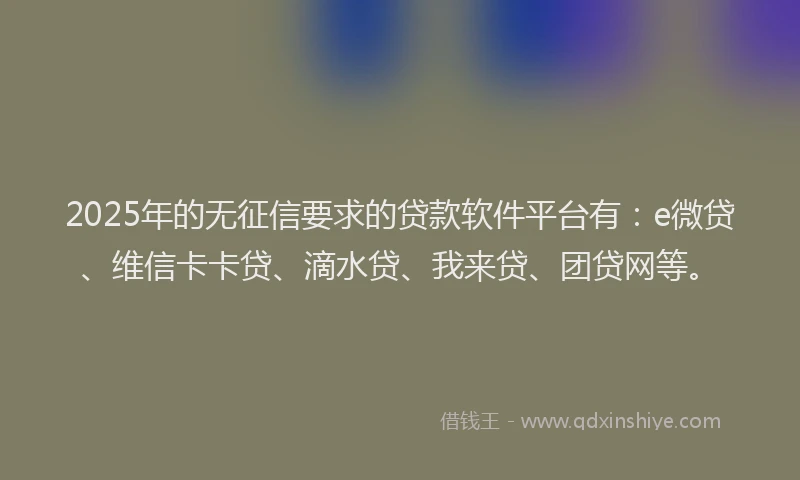 2025年的无征信要求的贷款软件平台有：e微贷、维信卡卡贷、滴水贷、我来贷、团贷网等。