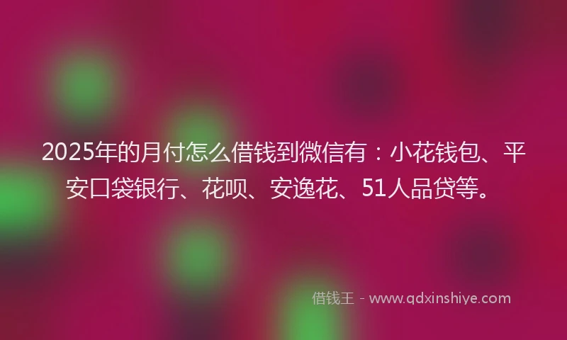 2025年的月付怎么借钱到微信有：小花钱包、平安口袋银行、花呗、安逸花、51人品贷等。