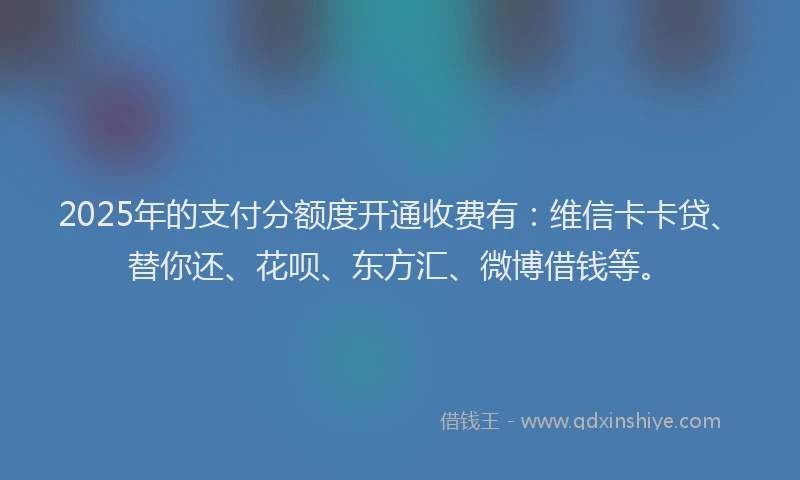 2025年的支付分额度开通收费有：维信卡卡贷、替你还、花呗、东方汇、微博借钱等。