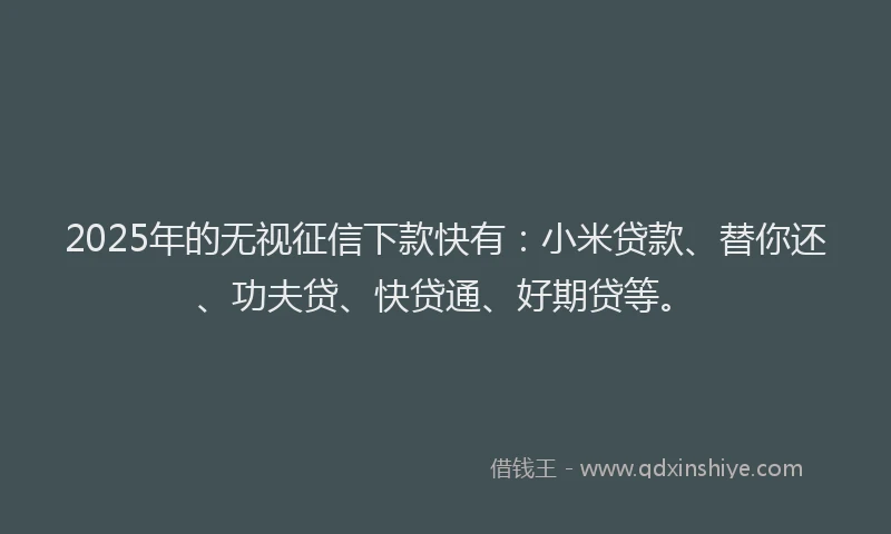 2025年的无视征信下款快有：小米贷款、替你还、功夫贷、快贷通、好期贷等。