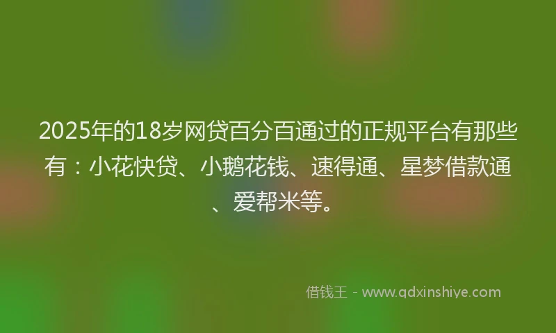 2025年的18岁网贷百分百通过的正规平台有那些有：小花快贷、小鹅花钱、速得通、星梦借款通、爱帮米等。