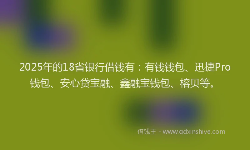 2025年的18省银行借钱有:有钱钱包、迅捷Pro钱包、安心贷宝融、鑫融宝钱包、榕贝等。