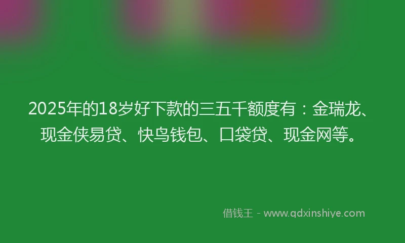 2025年的18岁好下款的三五千额度有：金瑞龙、现金侠易贷、快鸟钱包、口袋贷、现金网等。