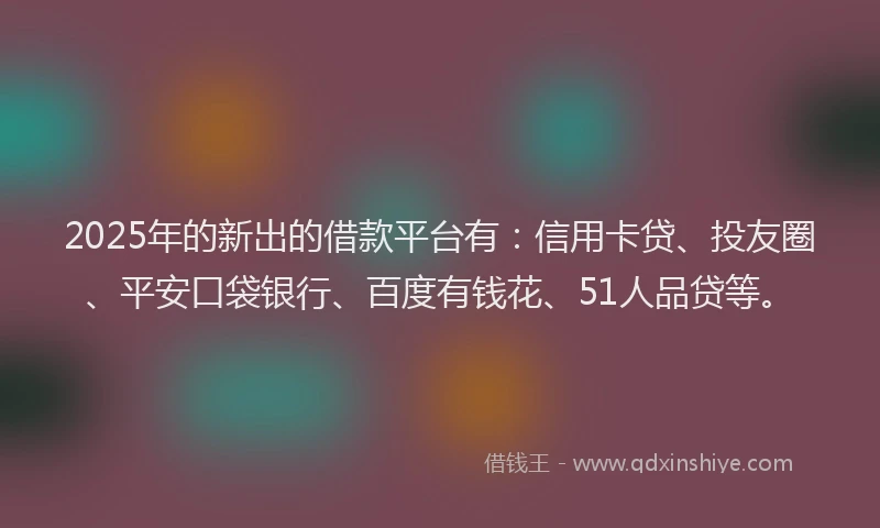 2025年的新出的借款平台有：信用卡贷、投友圈、平安口袋银行、百度有钱花、51人品贷等。