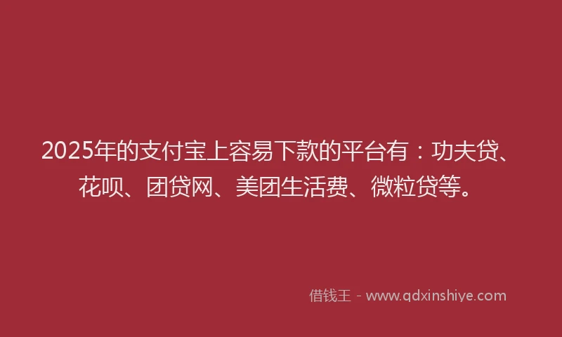 2025年的支付宝上容易下款的平台有：功夫贷、花呗、团贷网、美团生活费、微粒贷等。
