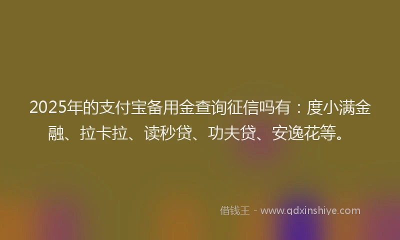 2025年的支付宝备用金查询征信吗有：度小满金融、拉卡拉、读秒贷、功夫贷、安逸花等。