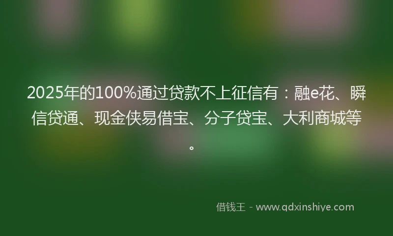 2025年的100%通过贷款不上征信有：融e花、瞬信贷通、现金侠易借宝、分子贷宝、大利商城等。