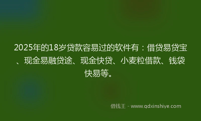 2025年的18岁贷款容易过的软件有:借贷易贷宝、现金易融贷途、现金快贷、小麦粒借款、钱袋快易等。