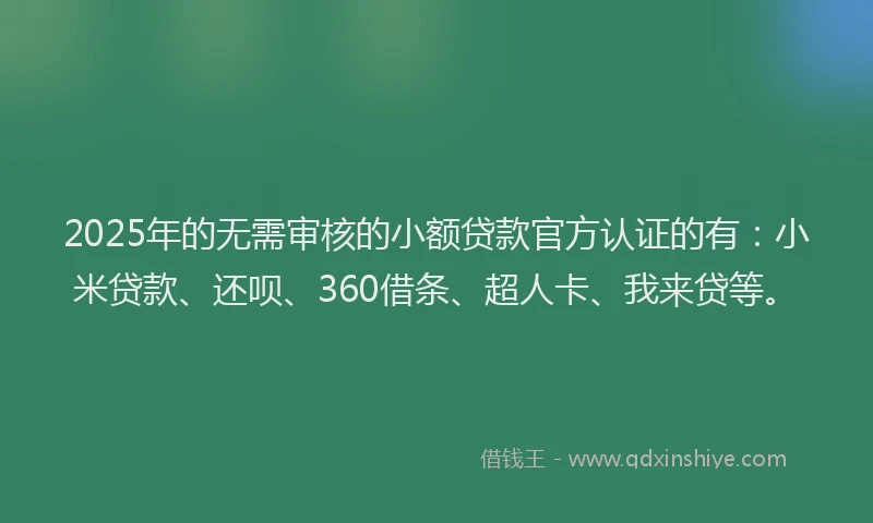 2025年的无需审核的小额贷款官方认证的有：小米贷款、还呗、360借条、超人卡、我来贷等。