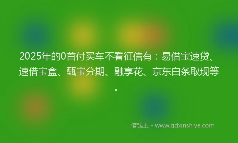 2025年的0首付买车不看征信有：易借宝速贷、速借宝盒、甄宝分期、融享花、京东白条取现等。