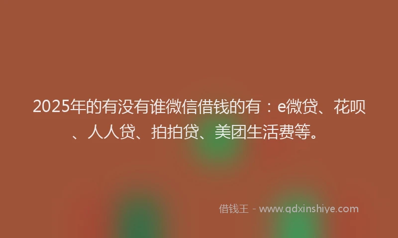 2025年的有没有谁微信借钱的有：e微贷、花呗、人人贷、拍拍贷、美团生活费等。