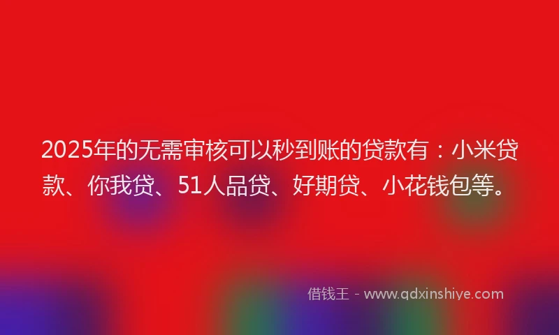 2025年的无需审核可以秒到账的贷款有：小米贷款、你我贷、51人品贷、好期贷、小花钱包等。