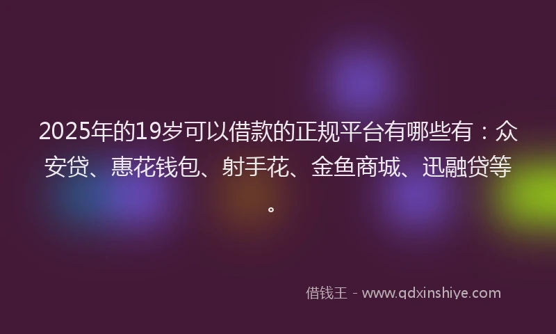 2025年的19岁可以借款的正规平台有哪些有：众安贷、惠花钱包、射手花、金鱼商城、迅融贷等。