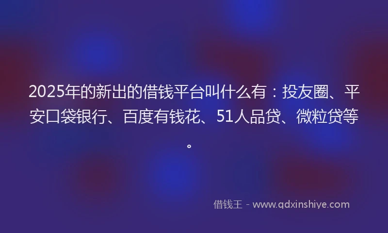 2025年的新出的借钱平台叫什么有：投友圈、平安口袋银行、百度有钱花、51人品贷、微粒贷等。