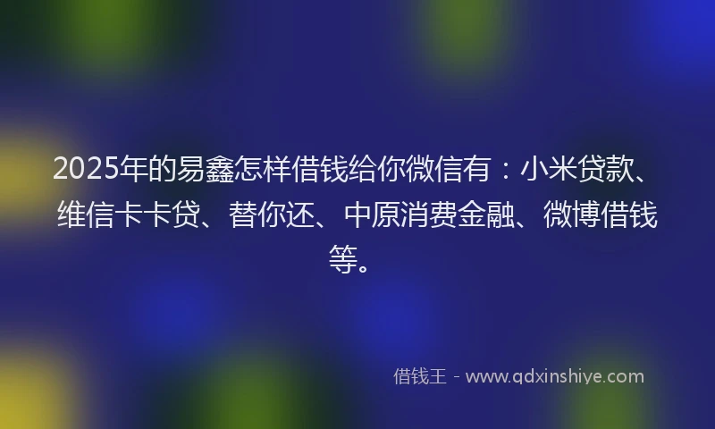 2025年的易鑫怎样借钱给你微信有：小米贷款、维信卡卡贷、替你还、中原消费金融、微博借钱等。