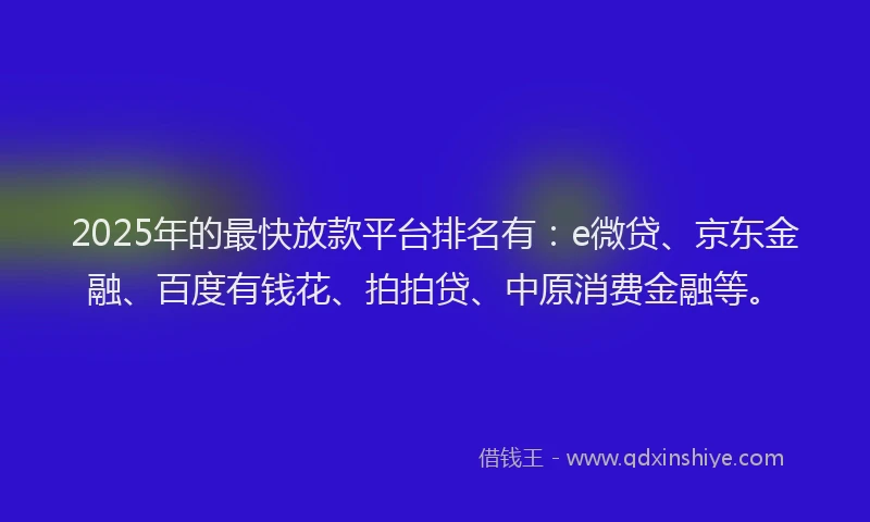 2025年的最快放款平台排名有：e微贷、京东金融、百度有钱花、拍拍贷、中原消费金融等。