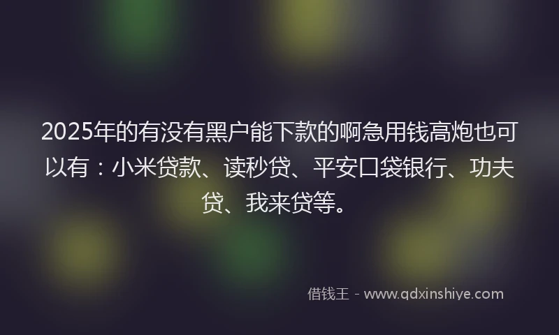 2025年的有没有黑户能下款的啊急用钱高炮也可以有：小米贷款、读秒贷、平安口袋银行、功夫贷、我来贷等。