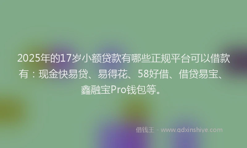 2025年的17岁小额贷款有哪些正规平台可以借款有：现金快易贷、易得花、58好借、借贷易宝、鑫融宝Pro钱包等。