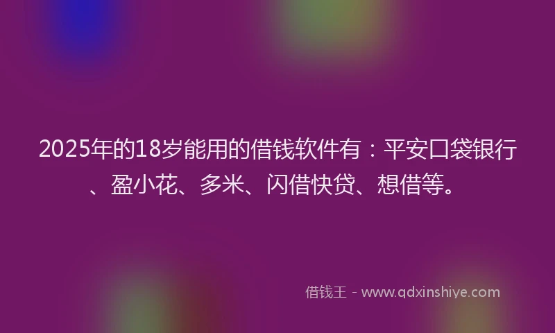2025年的18岁能用的借钱软件有：平安口袋银行、盈小花、多米、闪借快贷、想借等。